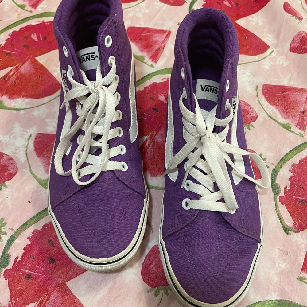Vans Women's Purple and White High-Top Sneakers